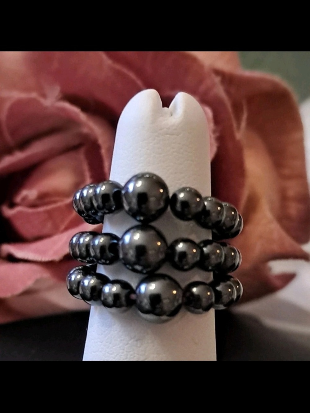 Hematite Beaded Stretch Ring Set - Dark Gray Stackable Trio